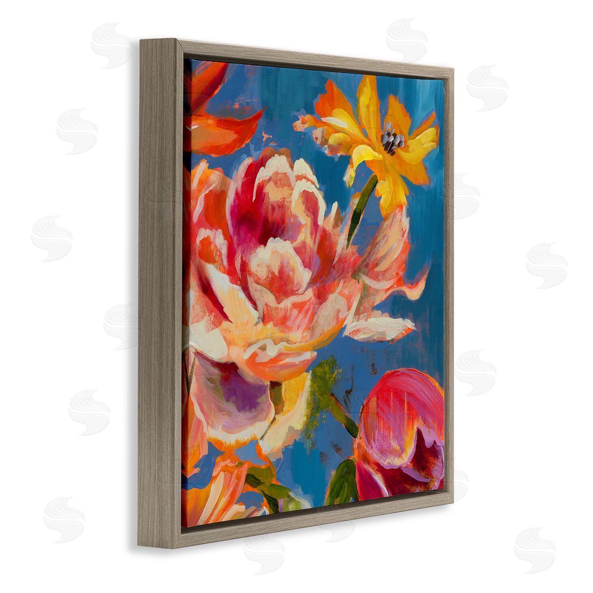 Liz Jardine Vivid Peonies on Blue Brown Floating Frame Canvas Wall Art Print