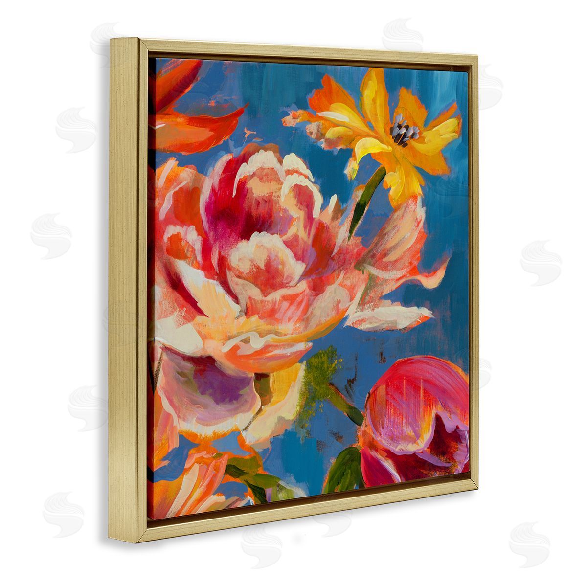 Liz Jardine Vivid Peonies on Blue Gold Floating Frame Canvas Wall Art Print