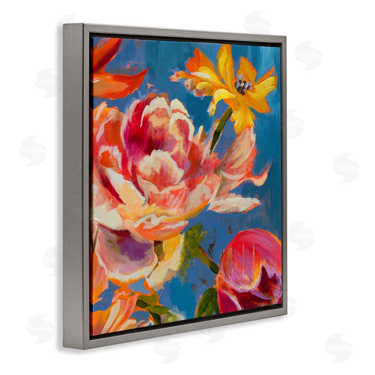 Liz Jardine Vivid Peonies on Blue Gray Floating Frame Canvas Wall Art Print