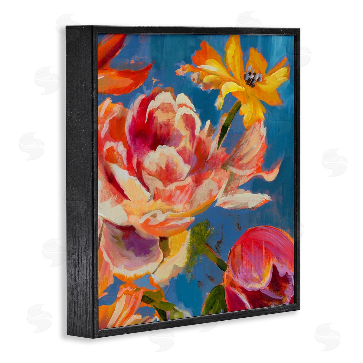 Liz Jardine Vivid Peonies on Blue Black Framed Glicee Wall Art Print