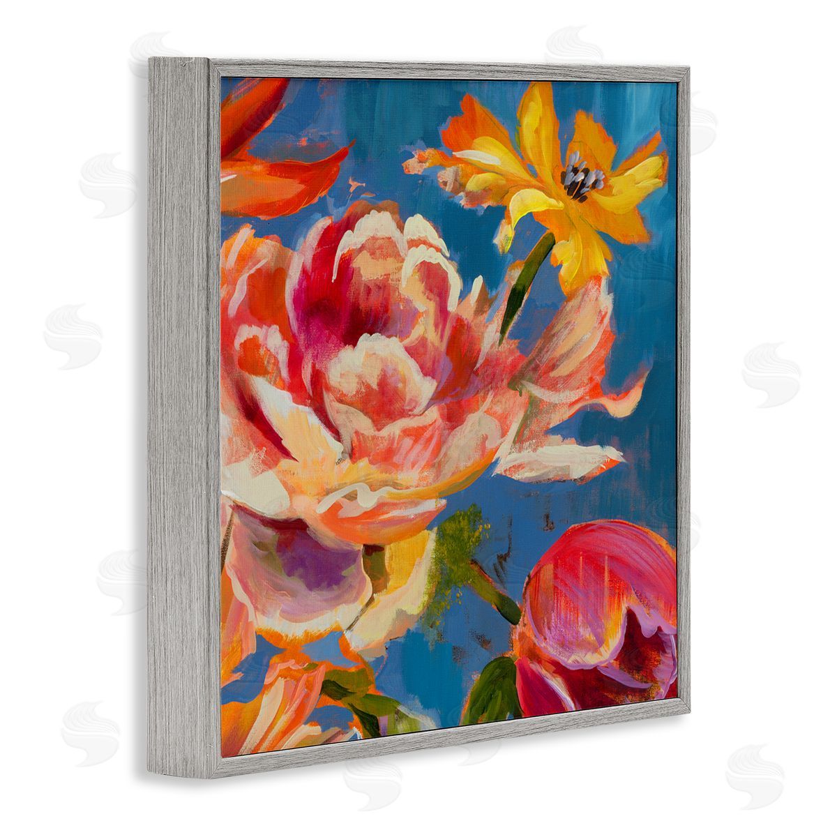 Liz Jardine Vivid Peonies on Blue Gray Framed Glicee Wall Art Print