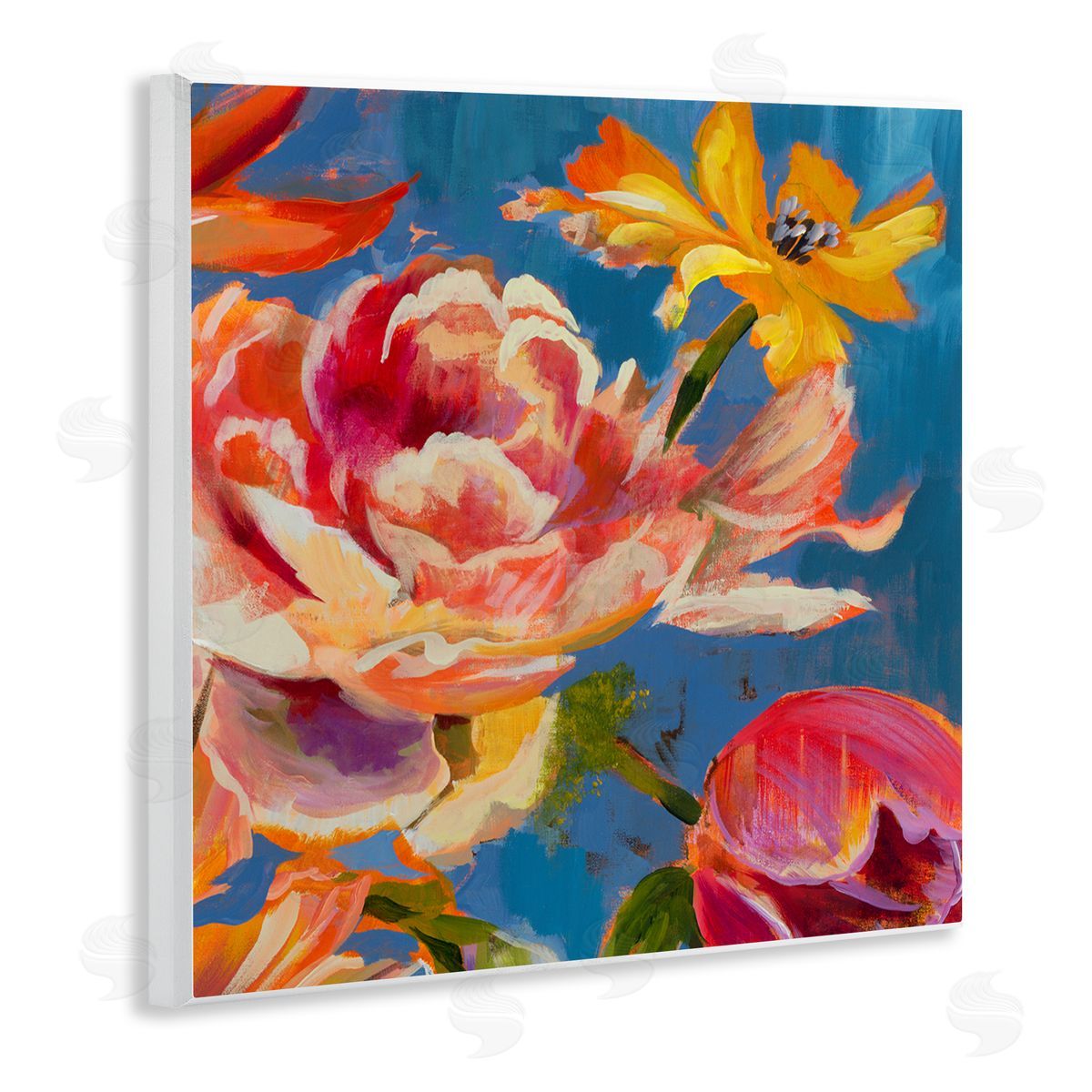 Liz Jardine Vivid Peonies on Blue Wooden Wall Plaque Art Print