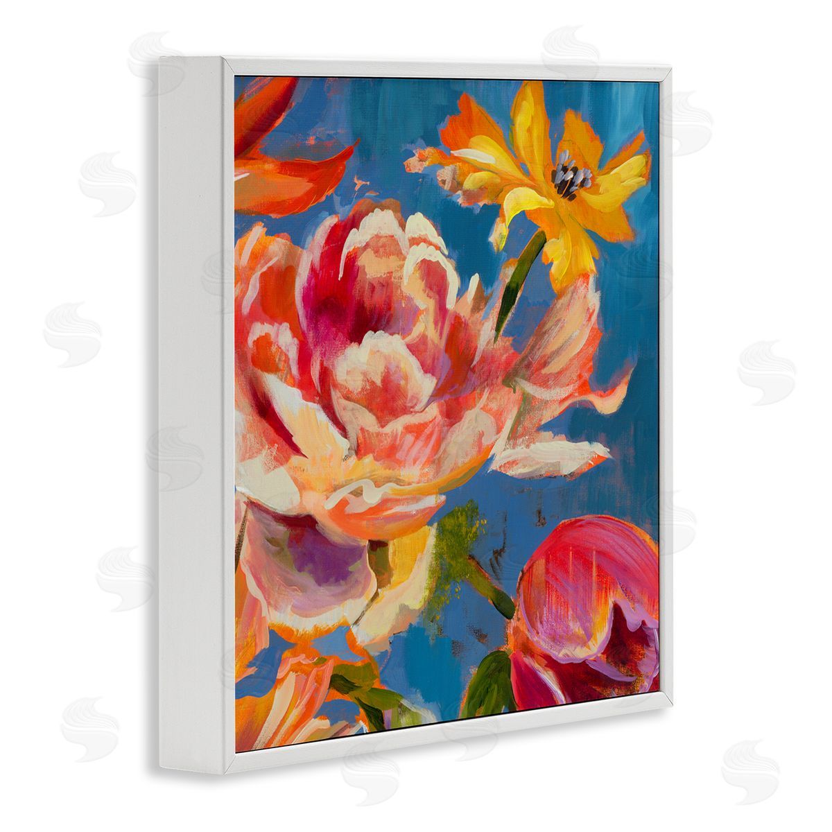 Liz Jardine Vivid Peonies on Blue White Framed Glicee Wall Art Print