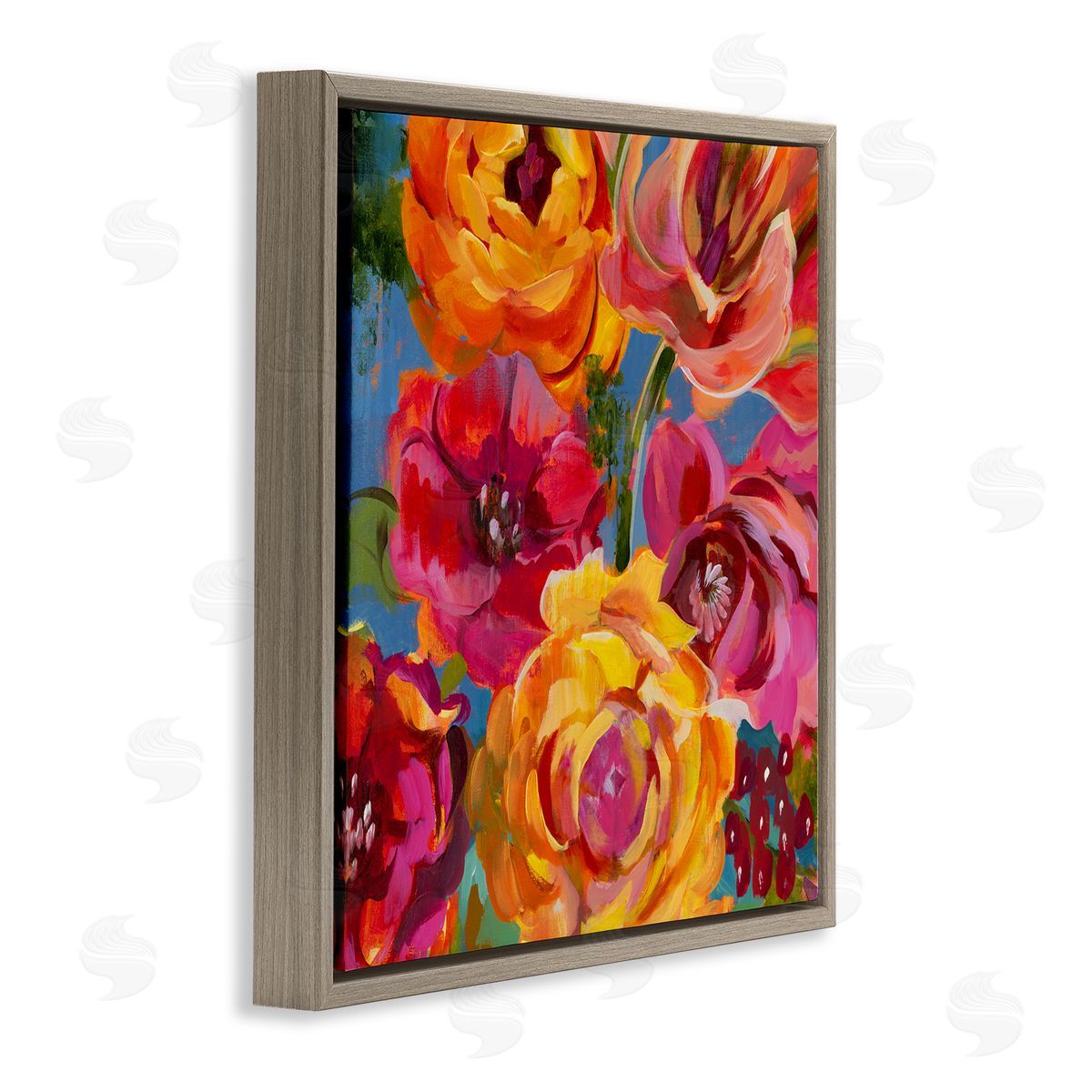 Liz Jardine Pink & Yellow Florals Brown Floating Frame Canvas Wall Art Print