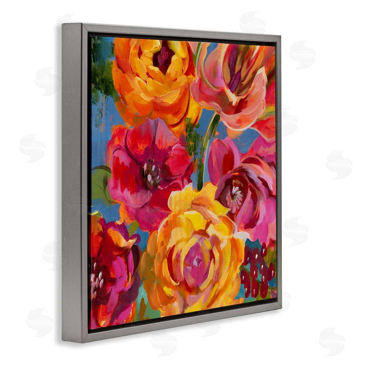 Liz Jardine Pink & Yellow Florals Gray Floating Frame Canvas Wall Art Print
