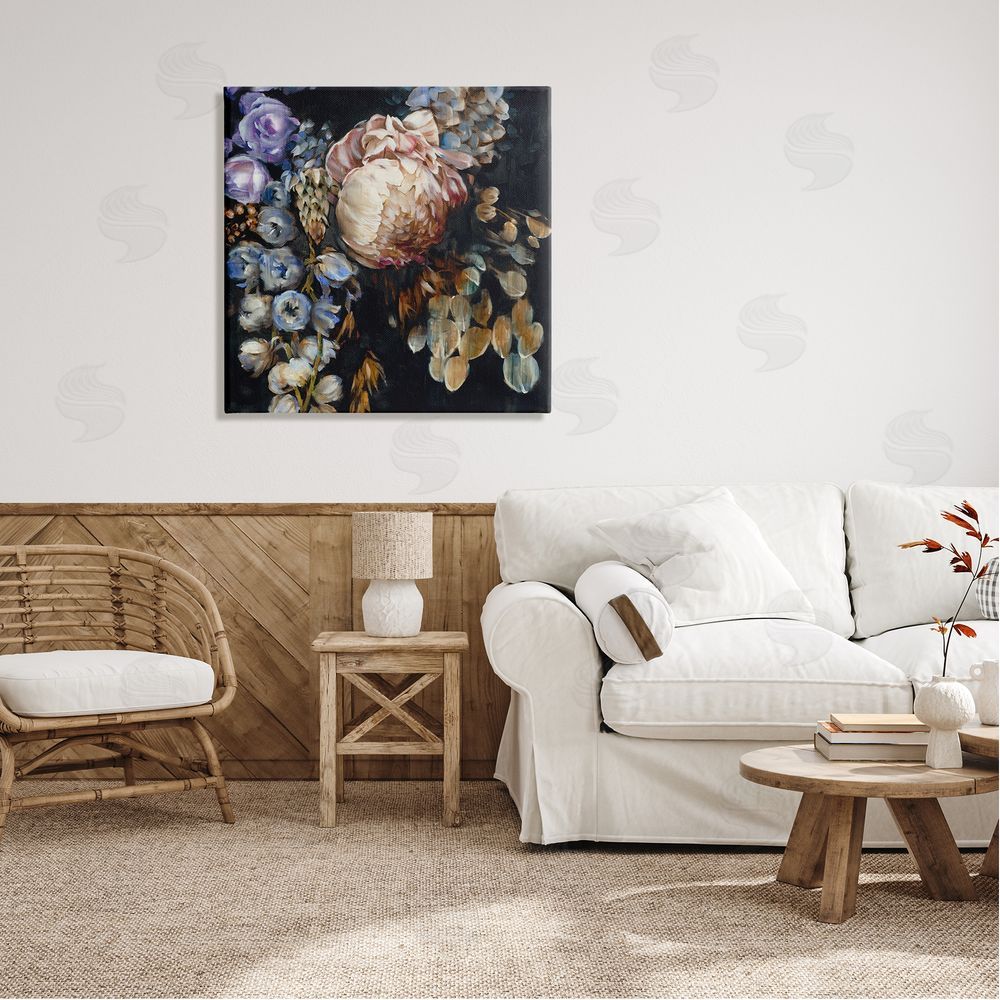 Liz Jardine Vintage Peonies on Black Canvas Wall Art in Room