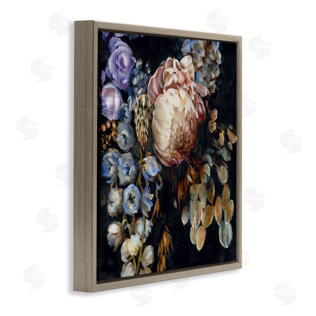 Liz Jardine Vintage Peonies on Black Brown Floating Frame Canvas Wall Art Print