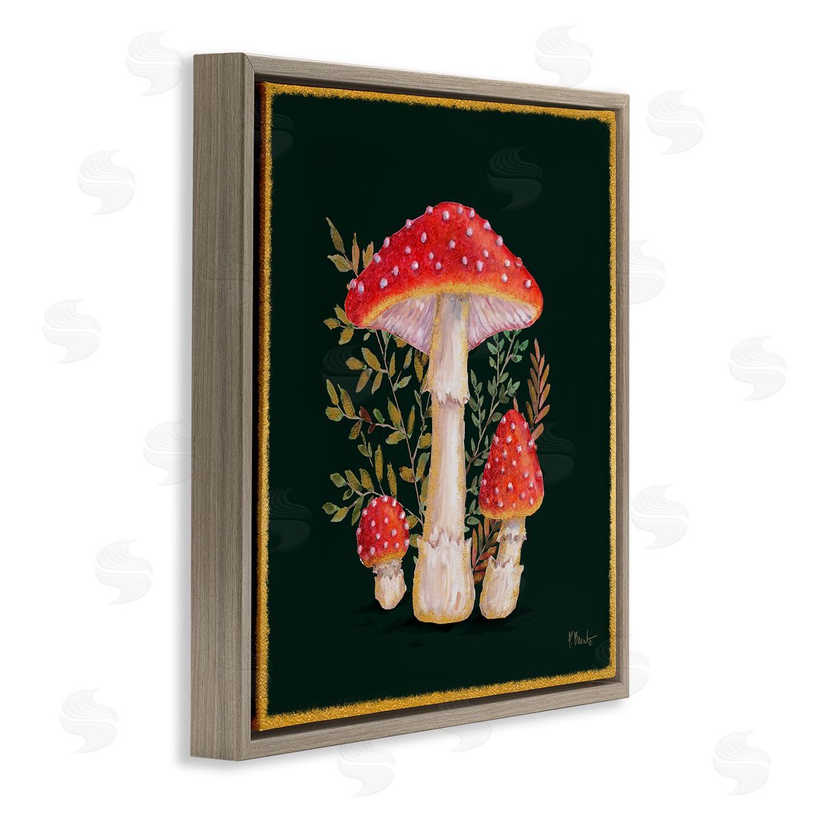 Paul Brent Red Mushrooms & Ferns Brown Floating Frame Canvas Wall Art Print