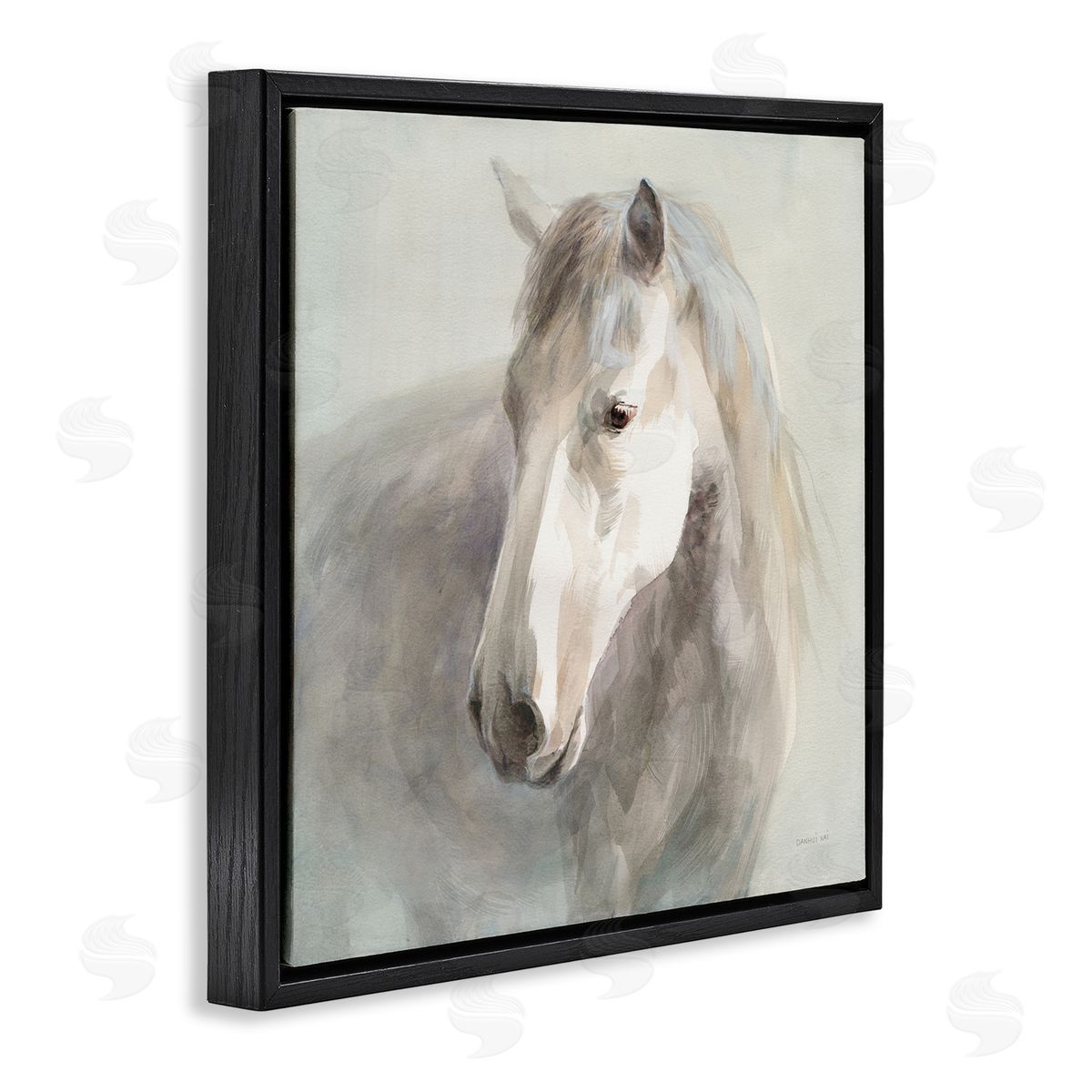 Danhui Nai White Horse Painting Black Floating Frame Canvas Wall Art Print