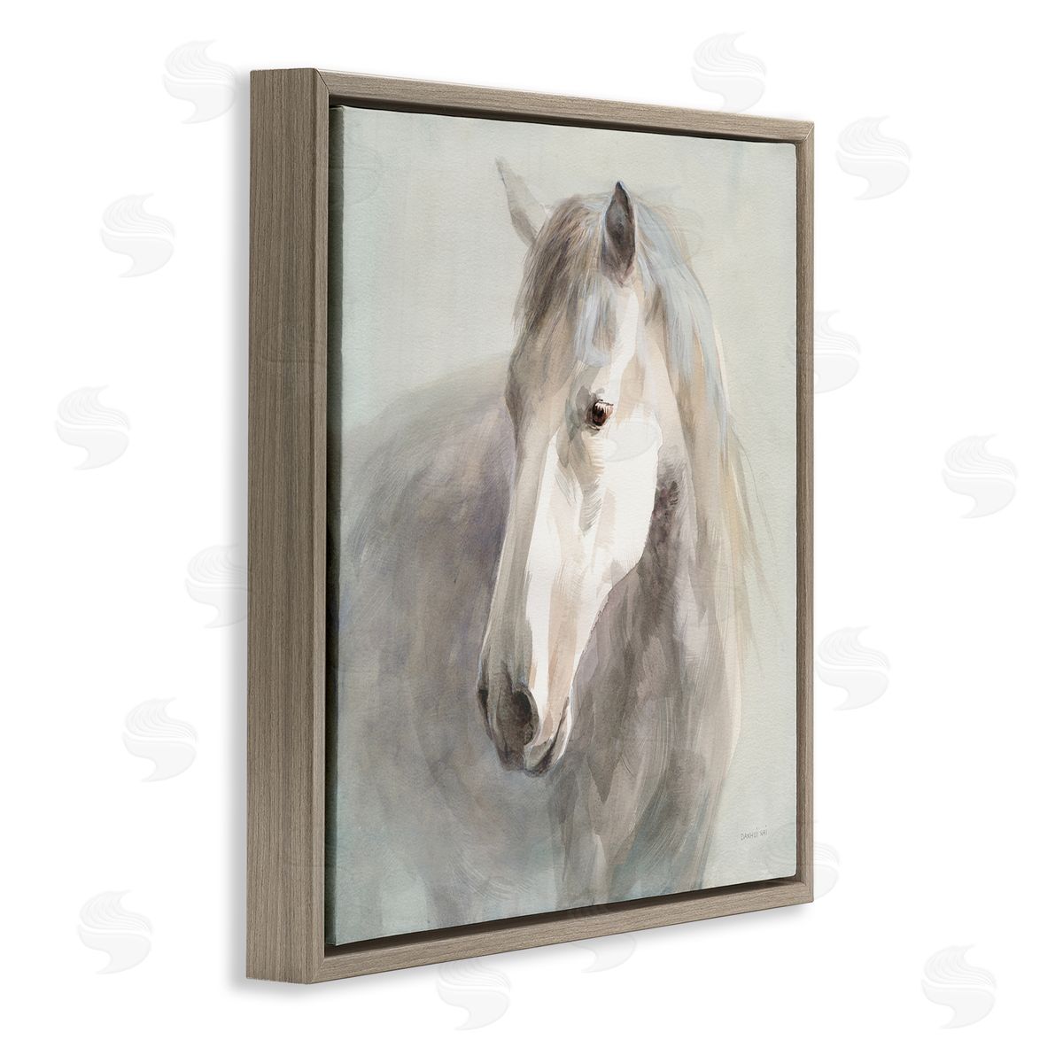 Danhui Nai White Horse Painting Brown Floating Frame Canvas Wall Art Print