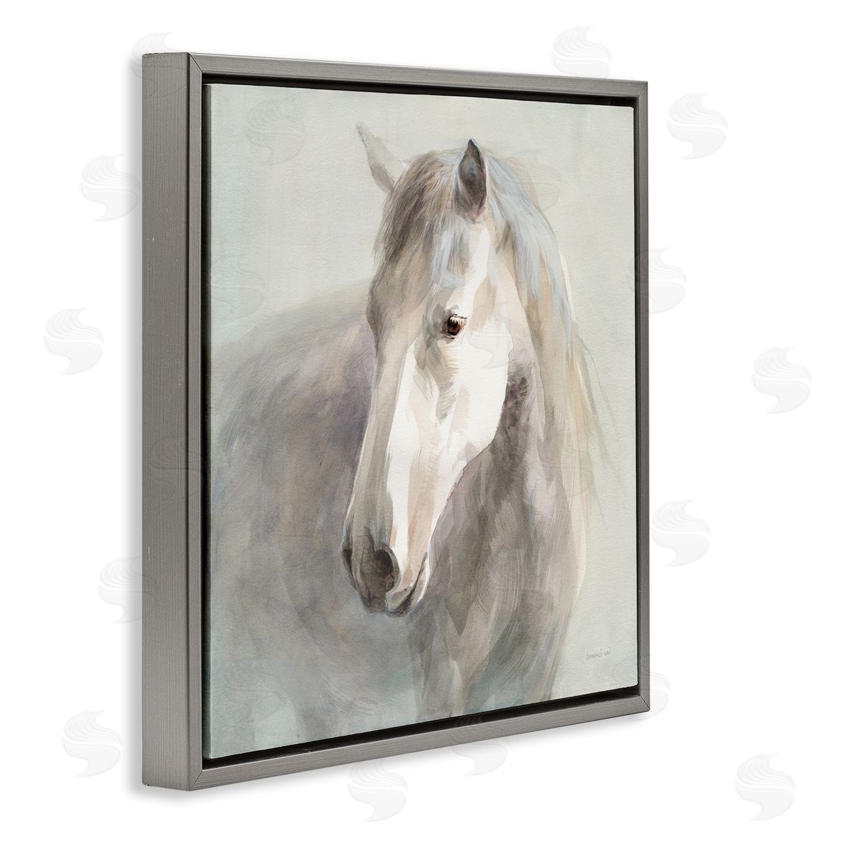 Danhui Nai White Horse Painting Gray Floating Frame Canvas Wall Art Print