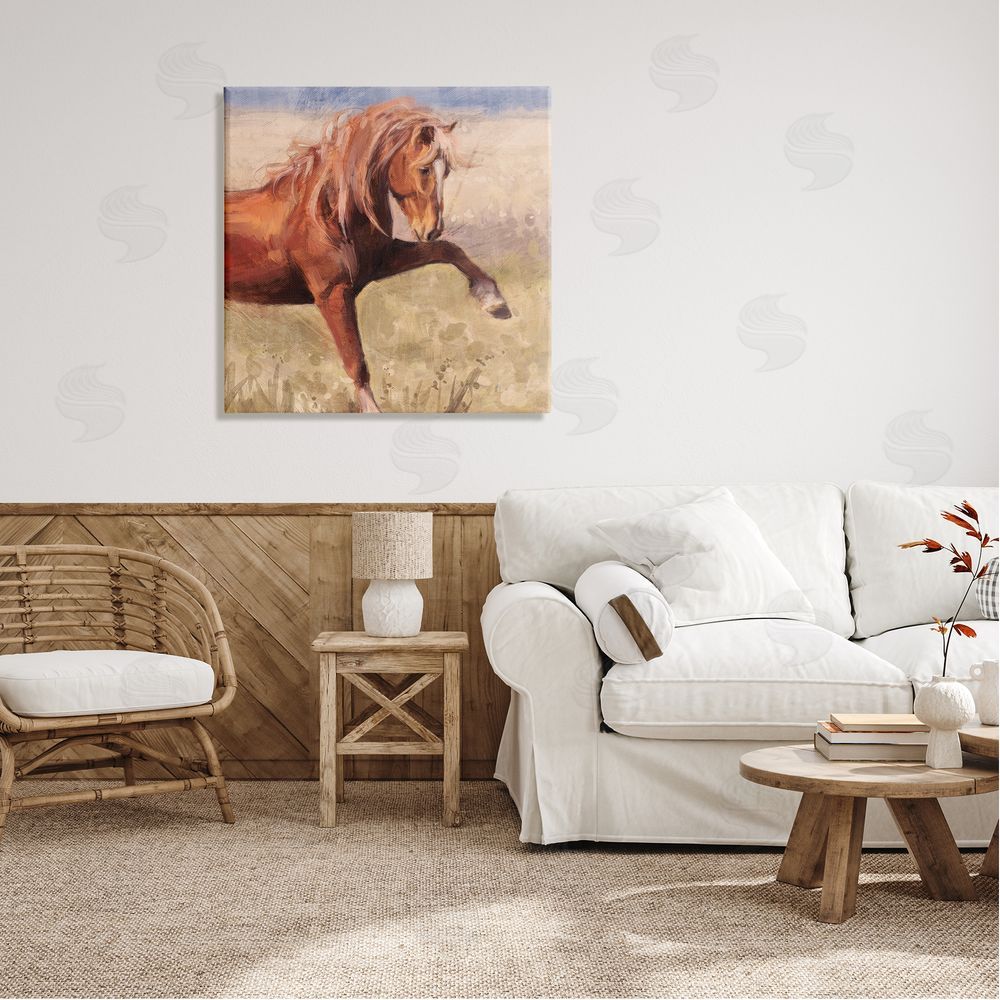 Nina Blue Modern Red Stallion Canvas Wall Art in Room