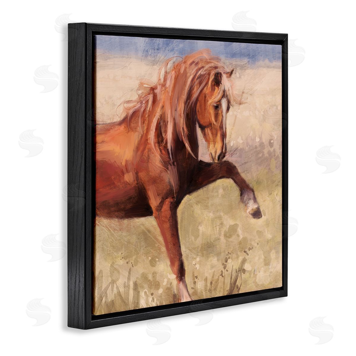 Nina Blue Modern Red Stallion Black Floating Frame Canvas Wall Art Print