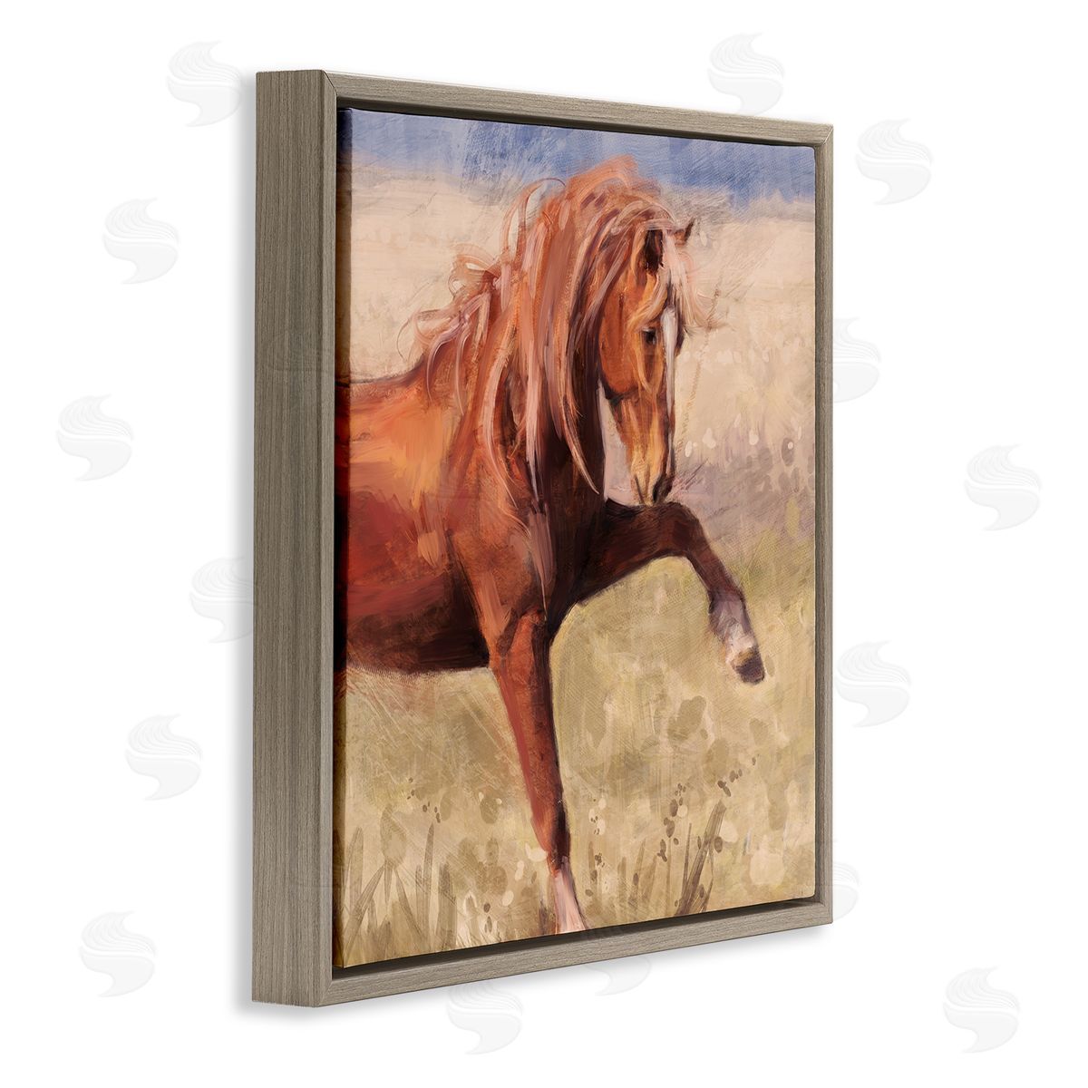 Nina Blue Modern Red Stallion Brown Floating Frame Canvas Wall Art Print