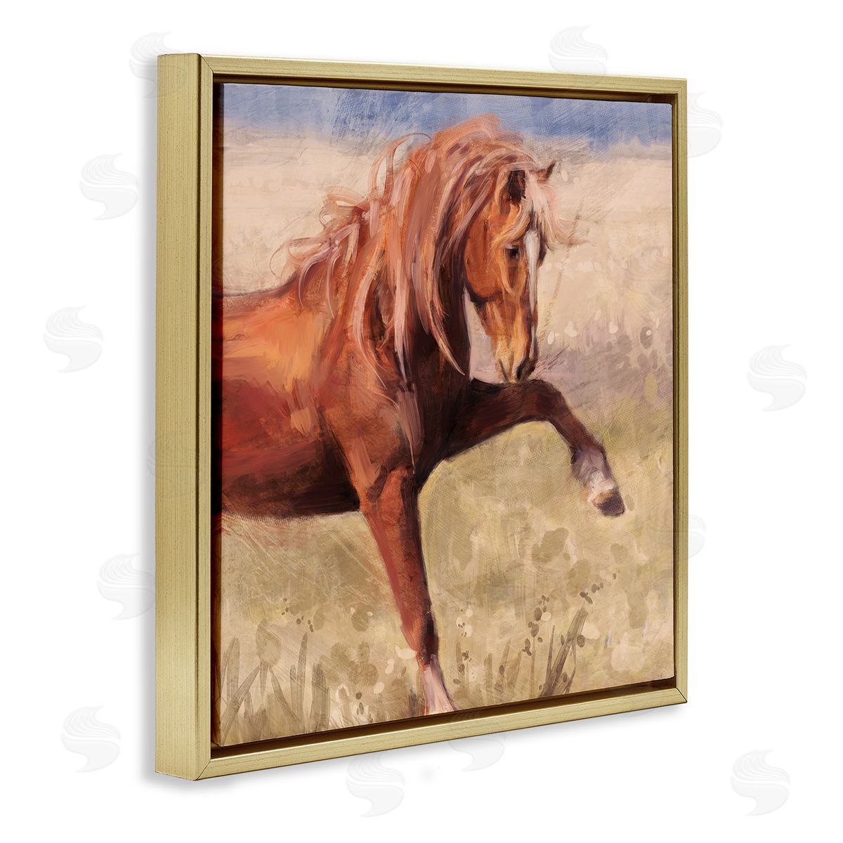 Nina Blue Modern Red Stallion Gold Floating Frame Canvas Wall Art Print
