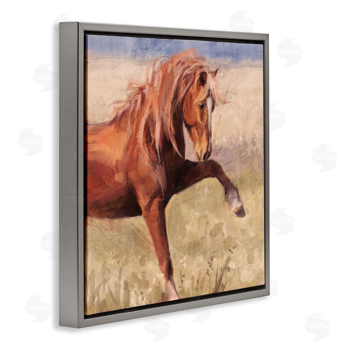 Nina Blue Modern Red Stallion Gray Floating Frame Canvas Wall Art Print
