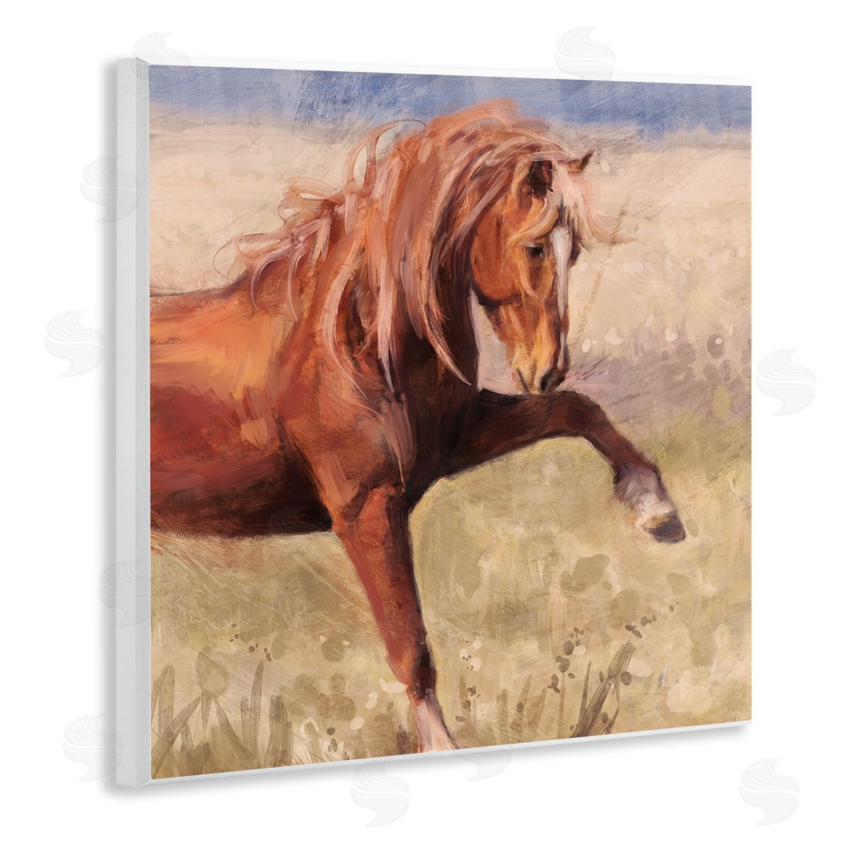 Nina Blue Modern Red Stallion Wooden Wall Plaque Art Print