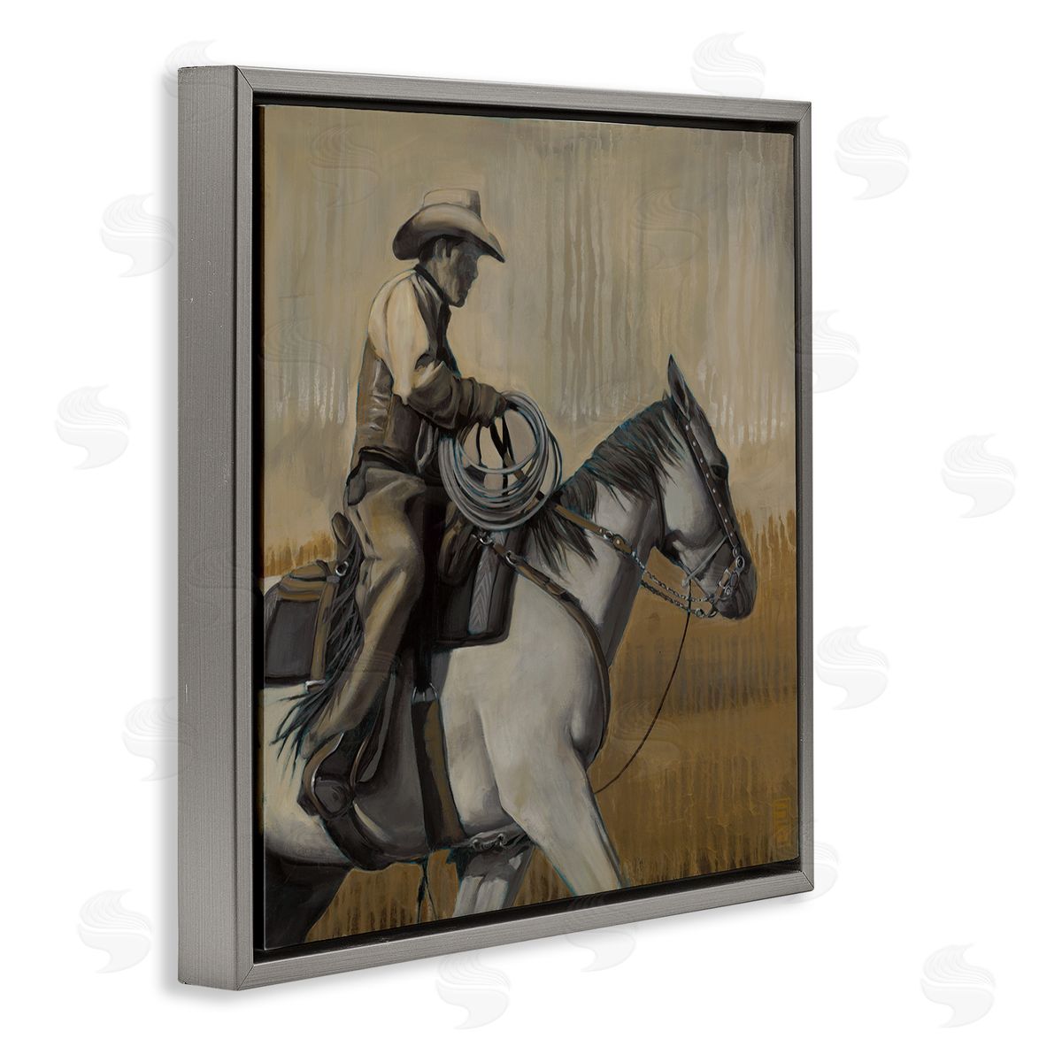 Stacy D'Aguiar Modern Cowboy Painting Gray Floating Frame Canvas Wall Art Print