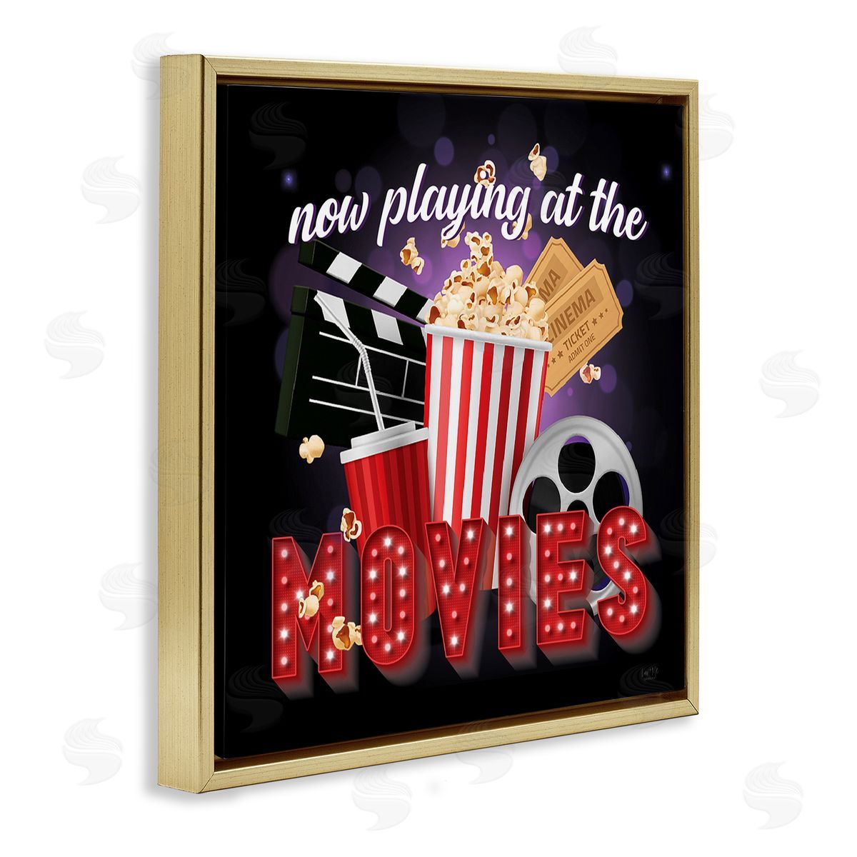 Lux + Me Designs Now Playing Movies Sign Gold Floating Frame Canvas Wall Art Print