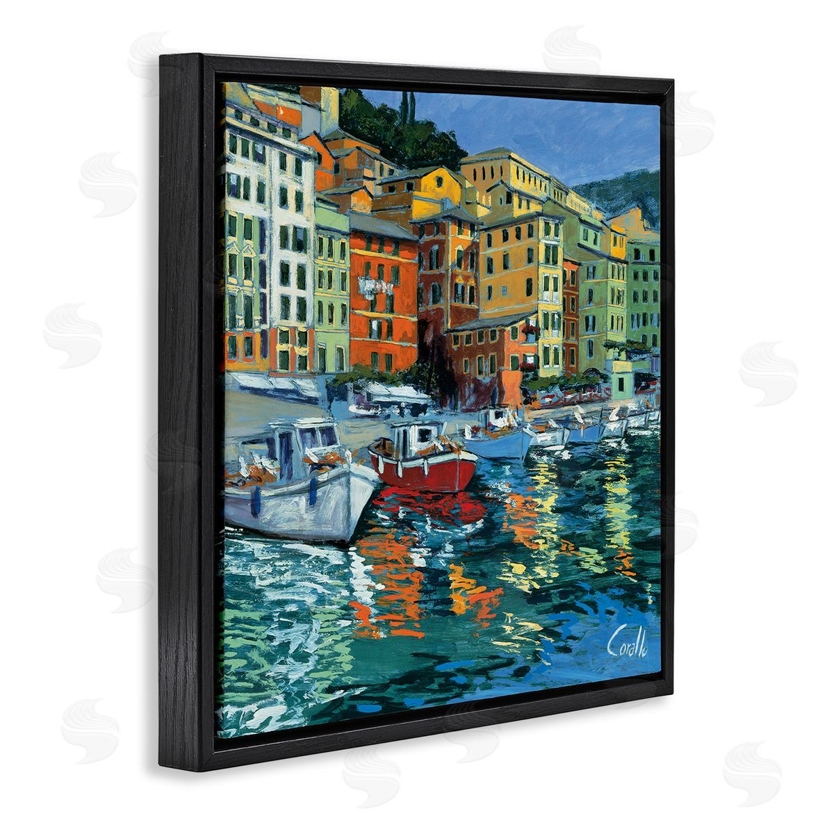 Daniela Corallo Boats in Harbor Pier Black Floating Frame Canvas Wall Art Print