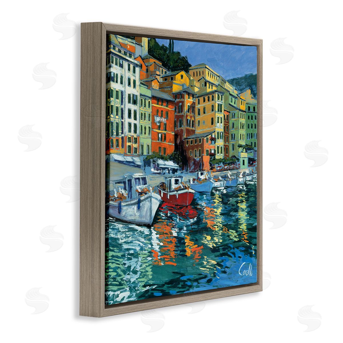 Daniela Corallo Boats in Harbor Pier Brown Floating Frame Canvas Wall Art Print