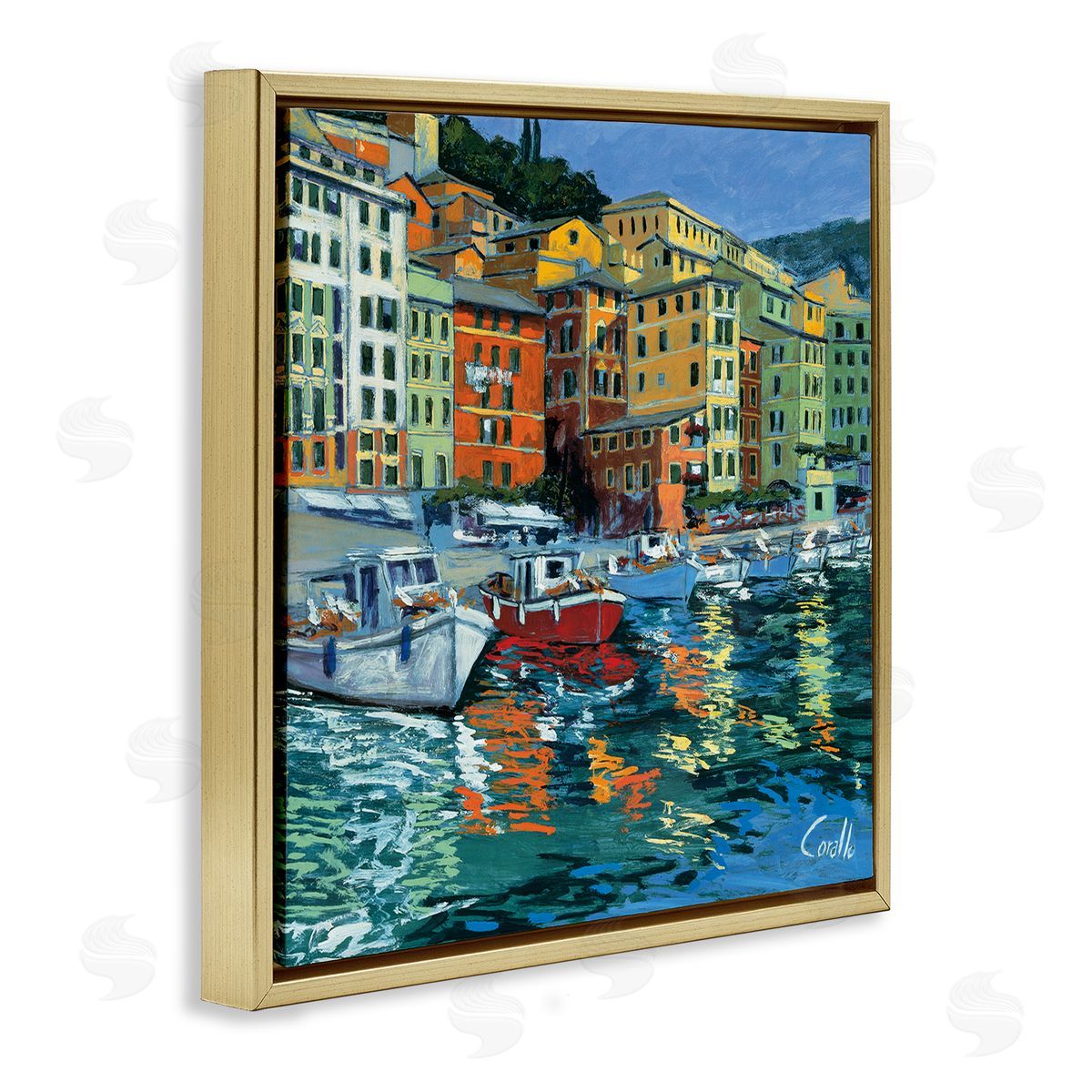 Daniela Corallo Boats in Harbor Pier Gold Floating Frame Canvas Wall Art Print