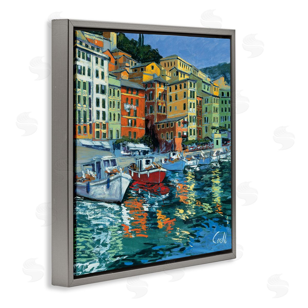 Daniela Corallo Boats in Harbor Pier Gray Floating Frame Canvas Wall Art Print