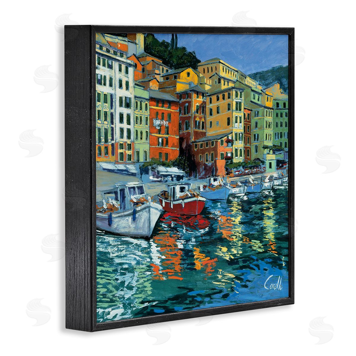 Daniela Corallo Boats in Harbor Pier Black Framed Glicee Wall Art Print