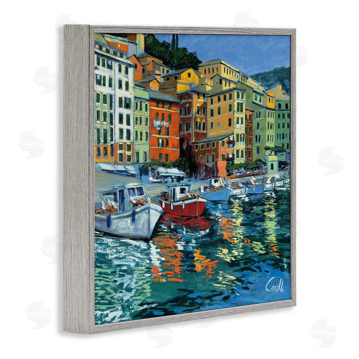 Daniela Corallo Boats in Harbor Pier Gray Framed Glicee Wall Art Print