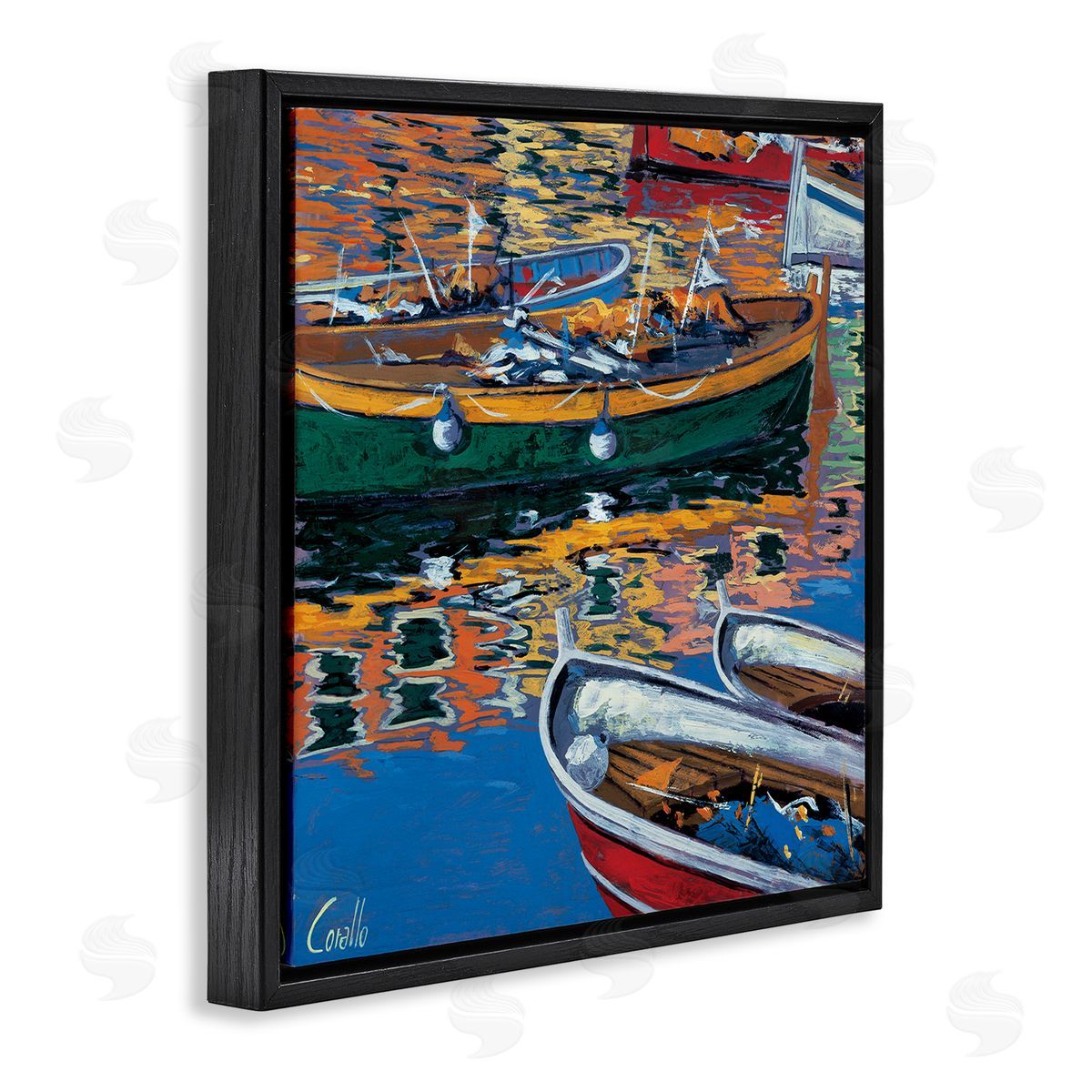 Daniela Corallo Boats in Water Reflection Black Floating Frame Canvas Wall Art Print