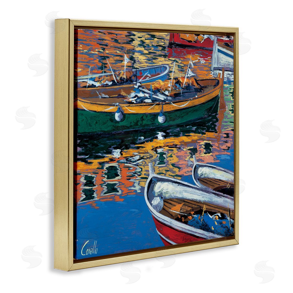 Daniela Corallo Boats in Water Reflection Gold Floating Frame Canvas Wall Art Print
