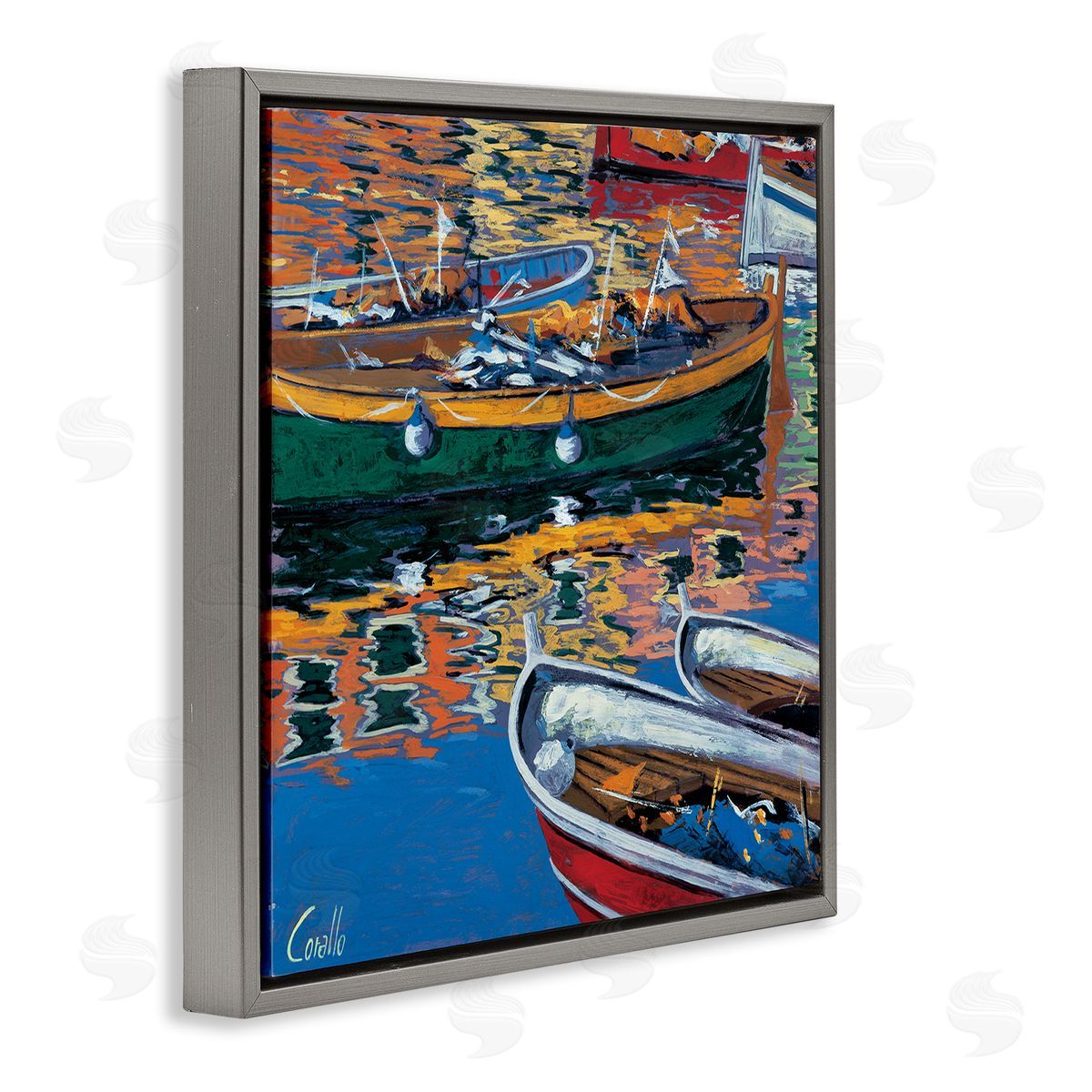 Daniela Corallo Boats in Water Reflection Gray Floating Frame Canvas Wall Art Print