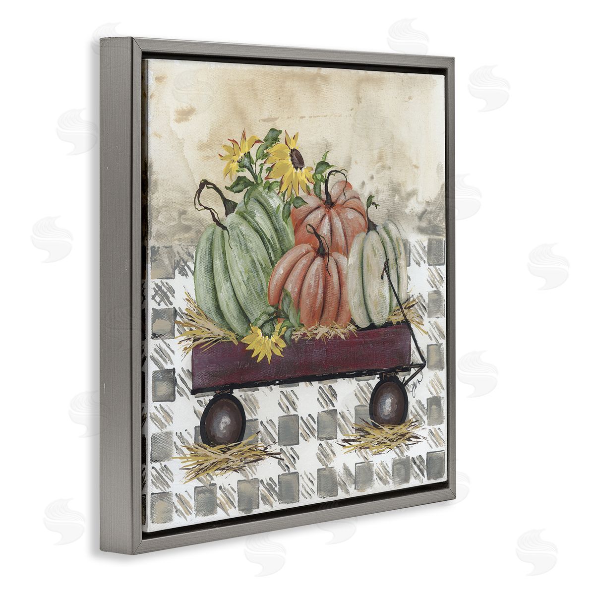 Julie Norkus Pumpkin Harvest Wagon Gray Floating Frame Canvas Wall Art Print