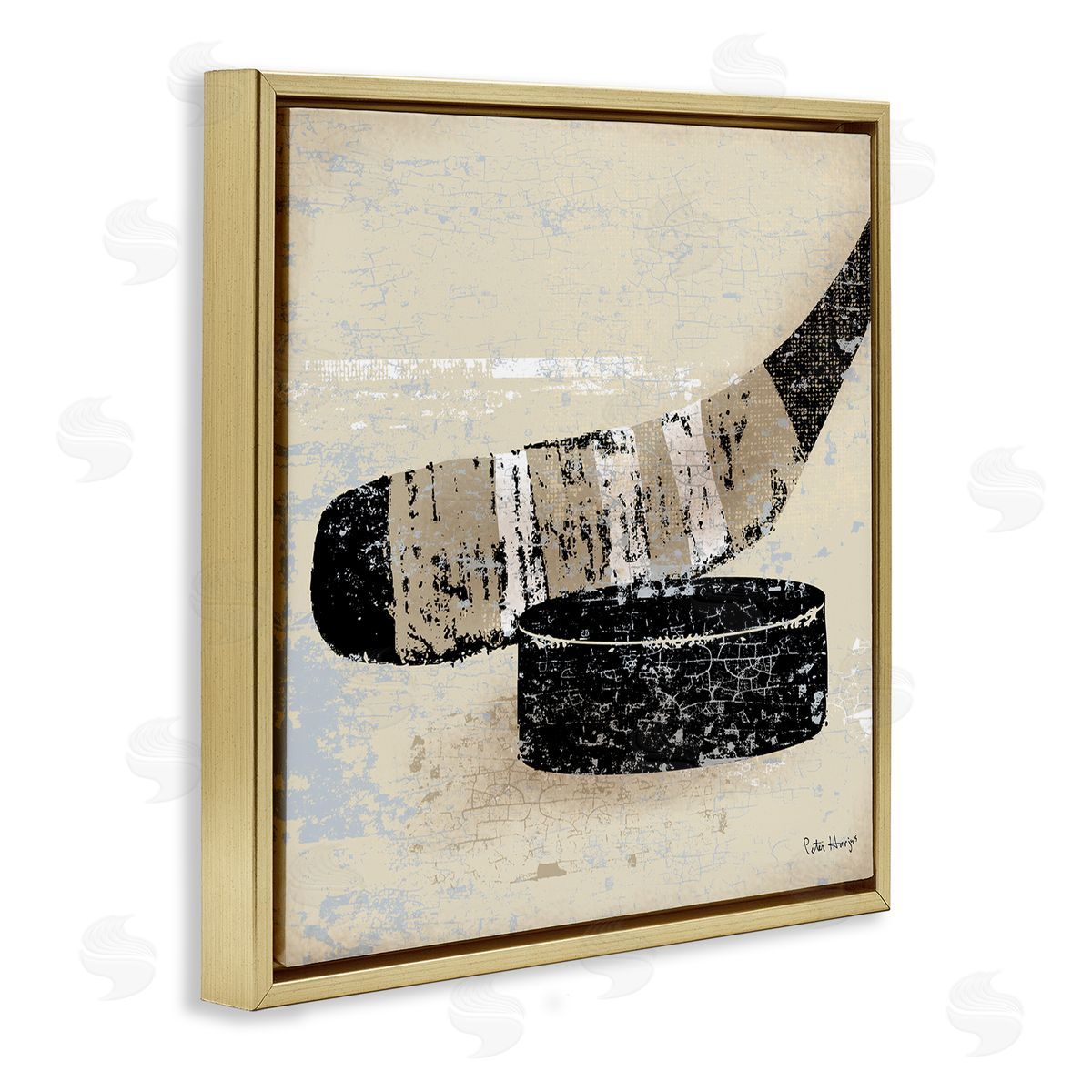Peter Horjus Rustic Hockey Puck Gold Floating Frame Canvas Wall Art Print