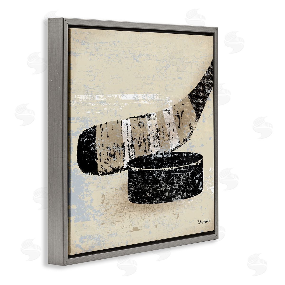 Peter Horjus Rustic Hockey Puck Gray Floating Frame Canvas Wall Art Print