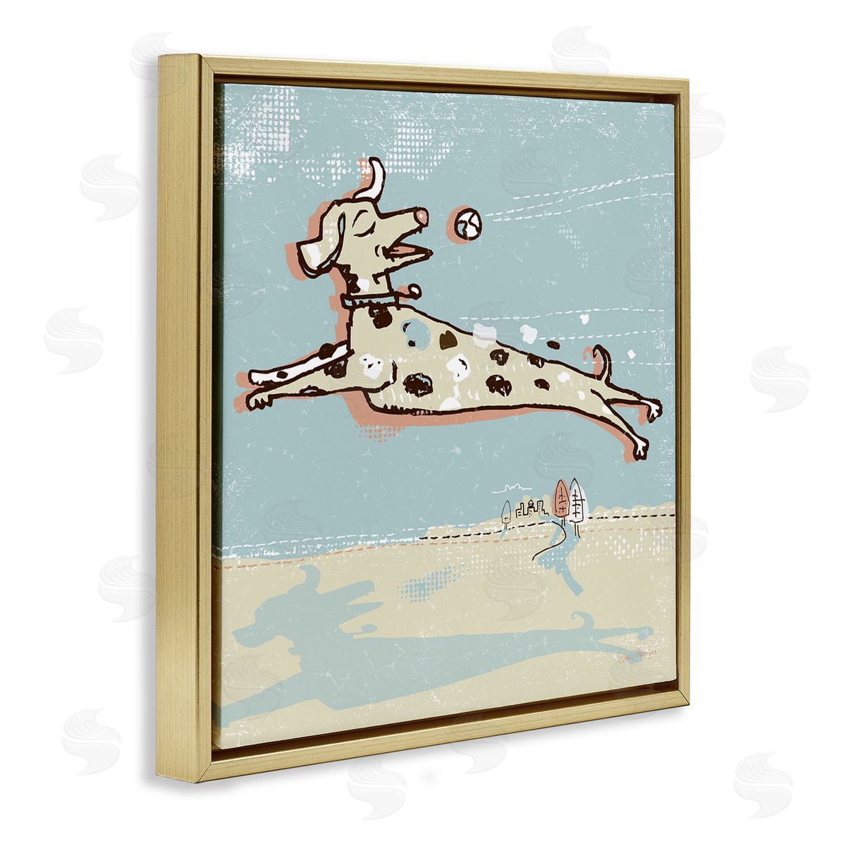 Peter Horjus Modern Dog Playing Fetch Gold Floating Frame Canvas Wall Art Print