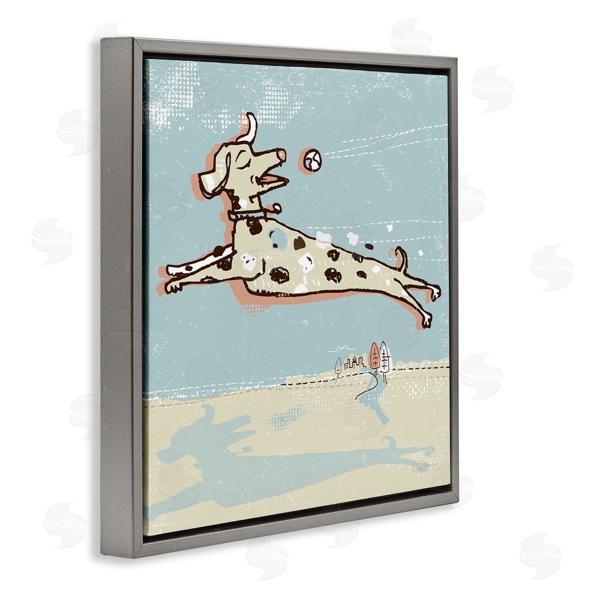 Peter Horjus Modern Dog Playing Fetch Gray Floating Frame Canvas Wall Art Print