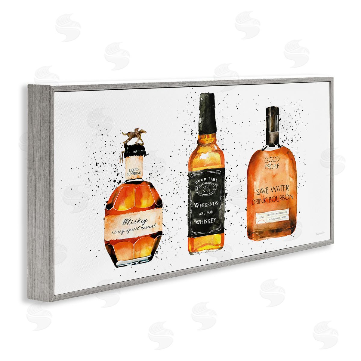 Funny Phrases Whiskey Bottles Grey Frame Print Wall Art, Home Decor by Mercedes Lopez Charro
