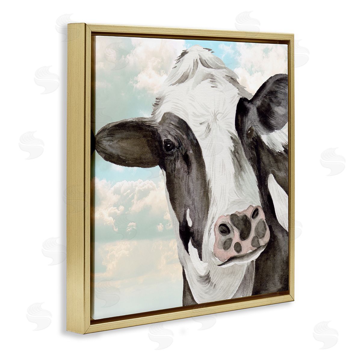 Melissa Wang Country Cow & Clouds Gold Floating Frame Canvas Wall Art Print