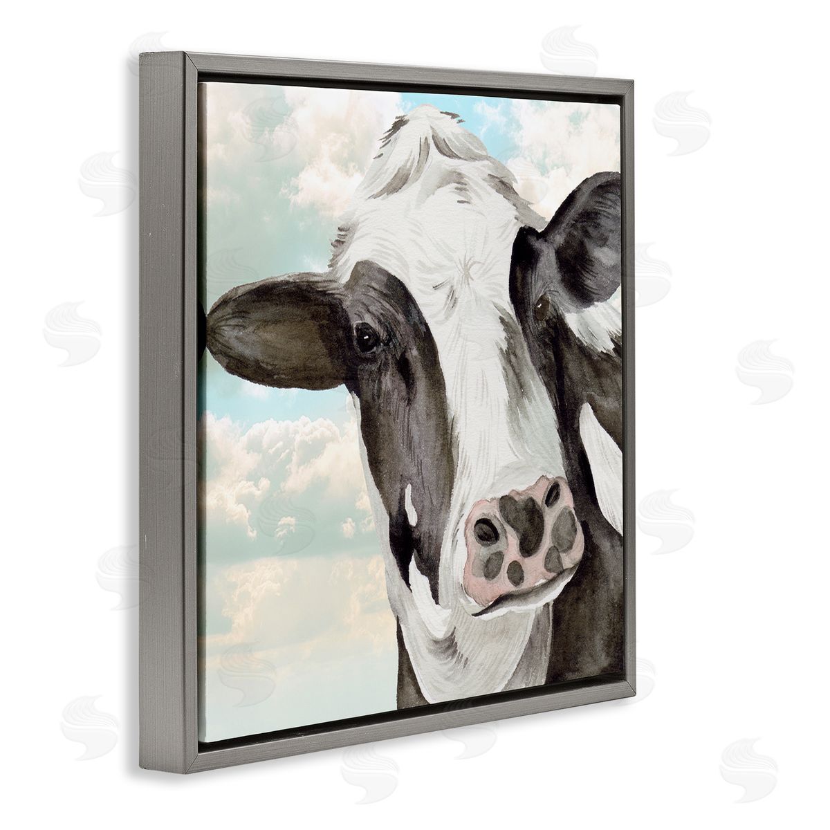 Melissa Wang Country Cow & Clouds Gray Floating Frame Canvas Wall Art Print