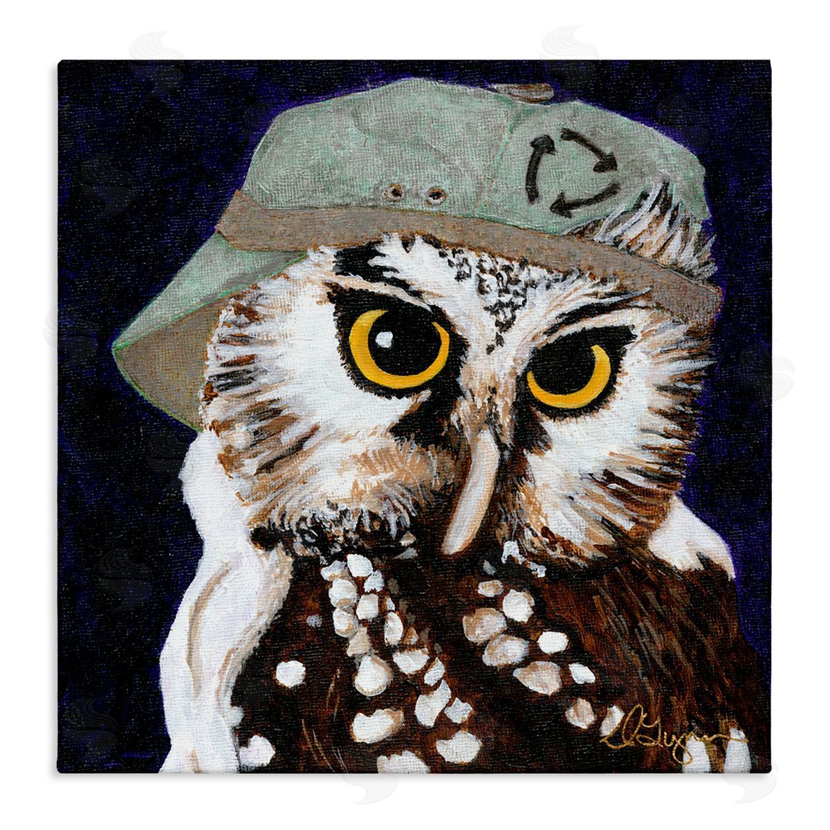 Dlynn Roll Owl Wearing Hat Stretched Canvas Wall Art Print