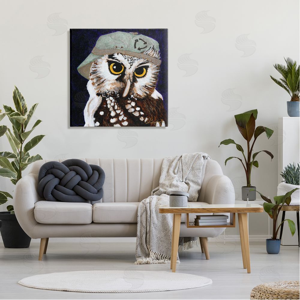 Dlynn Roll Owl Wearing Hat Canvas Wall Art in Room