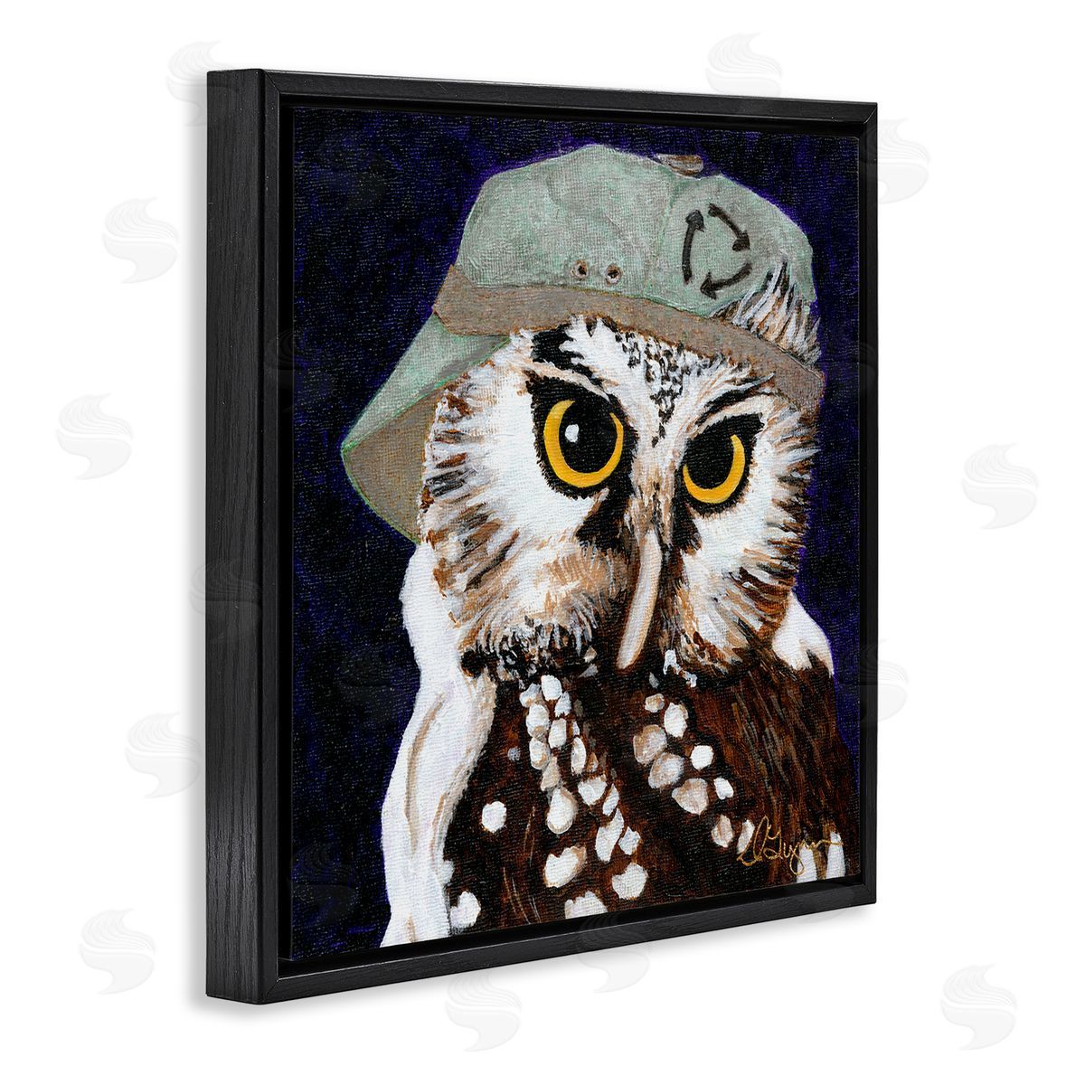 Dlynn Roll Owl Wearing Hat Black Floating Frame Canvas Wall Art Print