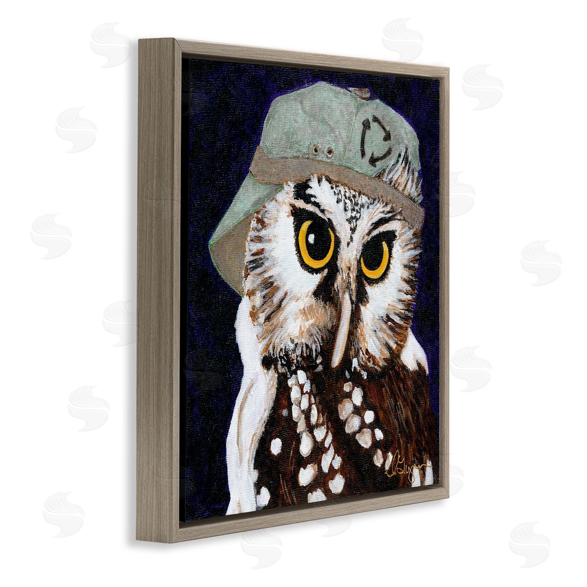 Dlynn Roll Owl Wearing Hat Brown Floating Frame Canvas Wall Art Print