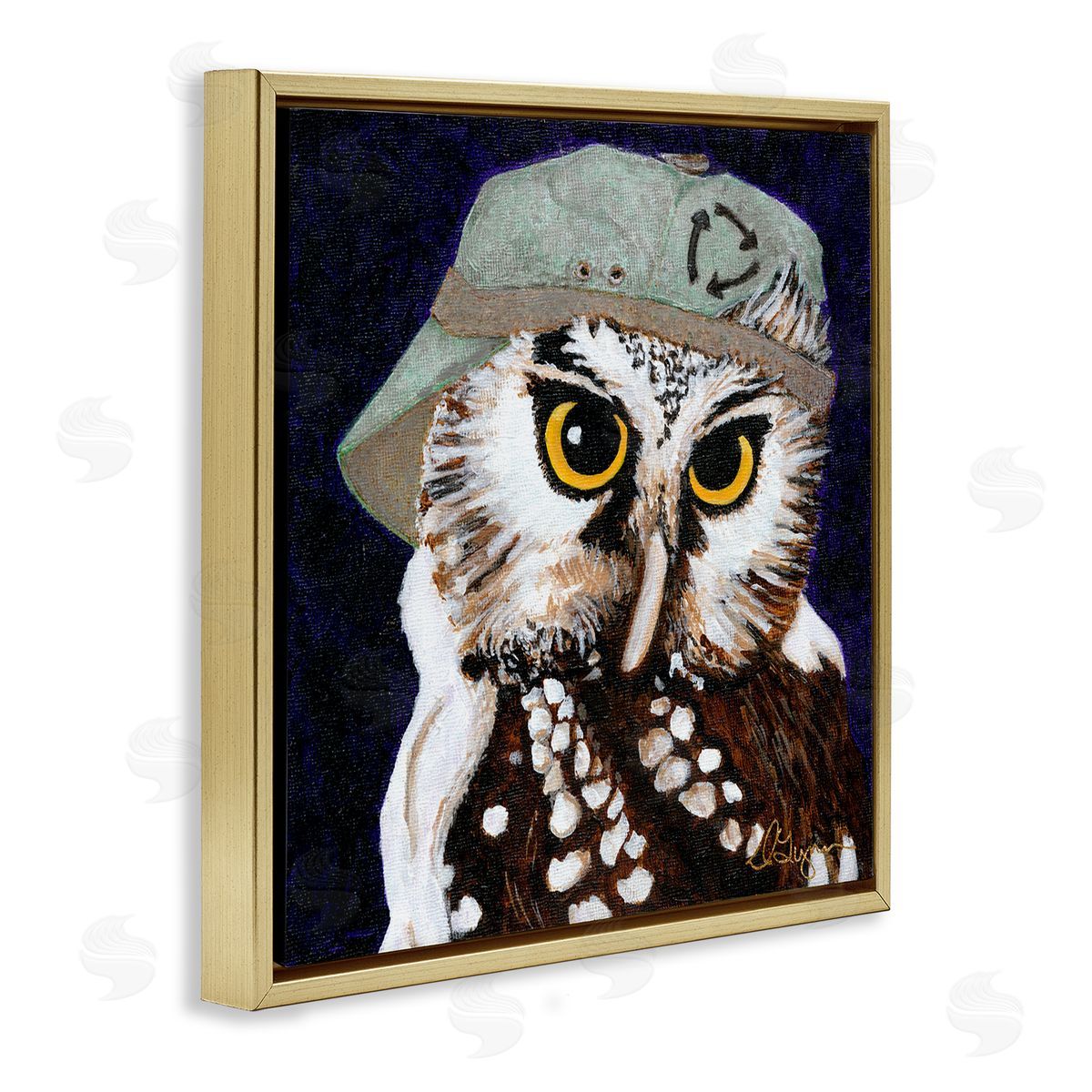 Dlynn Roll Owl Wearing Hat Gold Floating Frame Canvas Wall Art Print