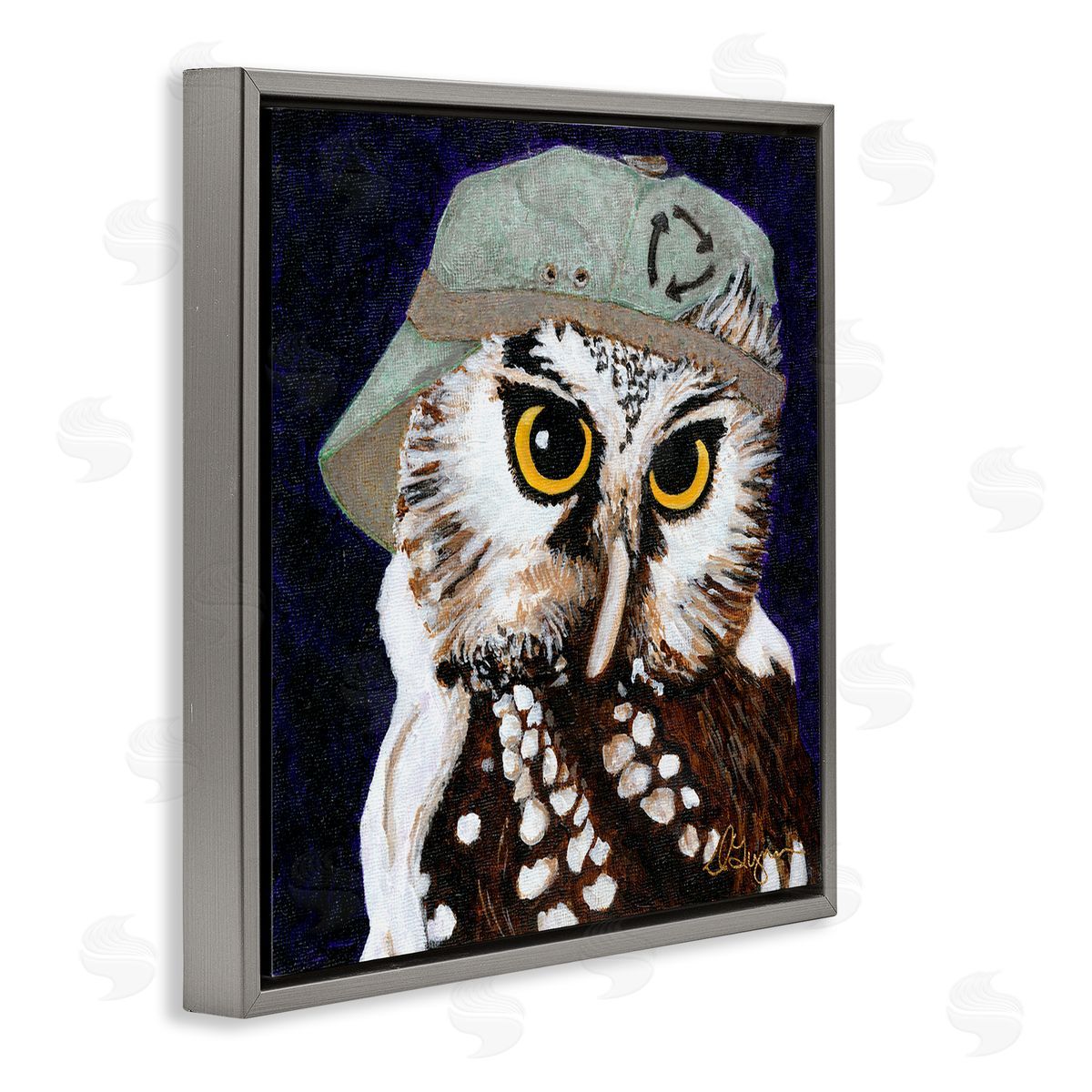 Dlynn Roll Owl Wearing Hat Gray Floating Frame Canvas Wall Art Print