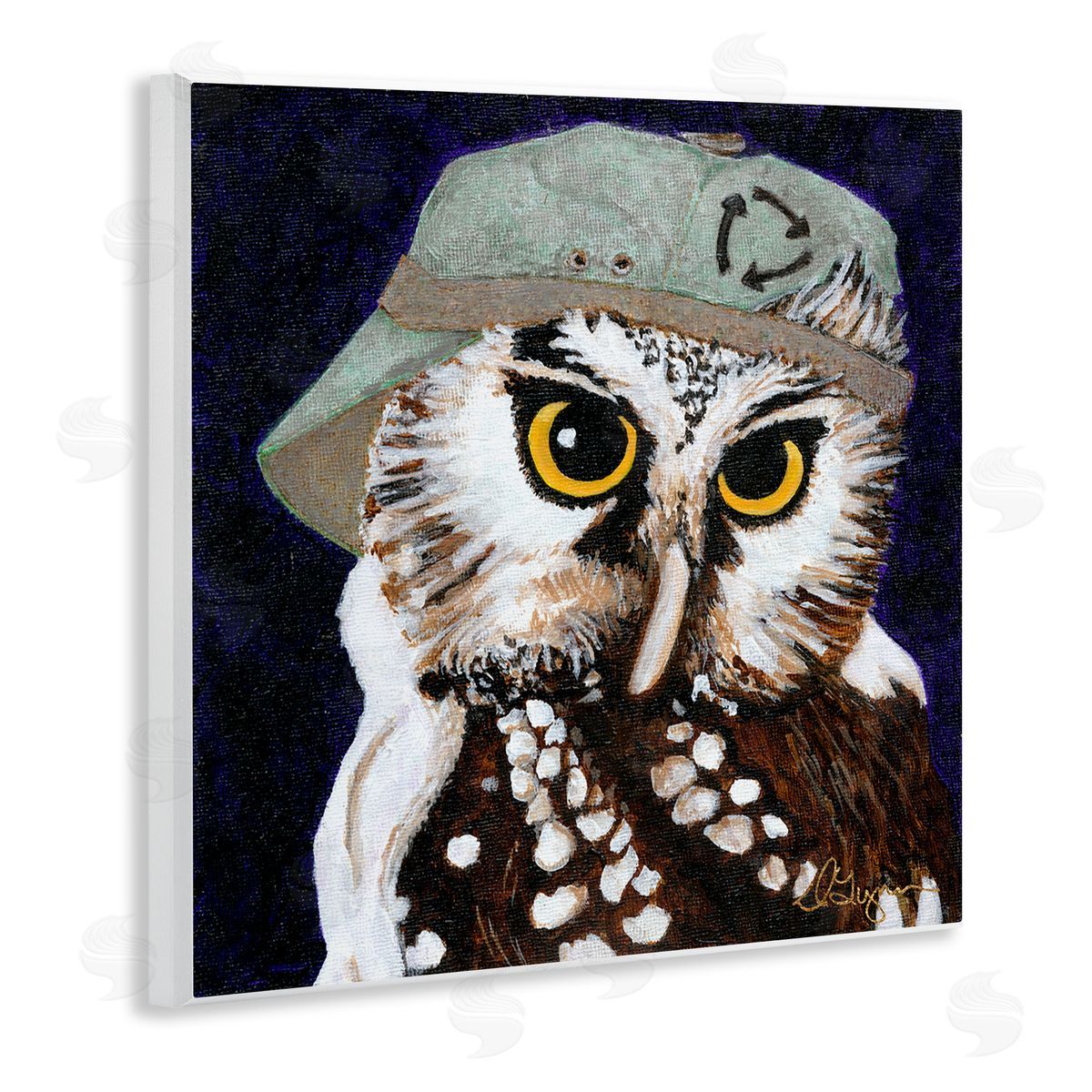 Dlynn Roll Owl Wearing Hat Wooden Wall Plaque Art Print