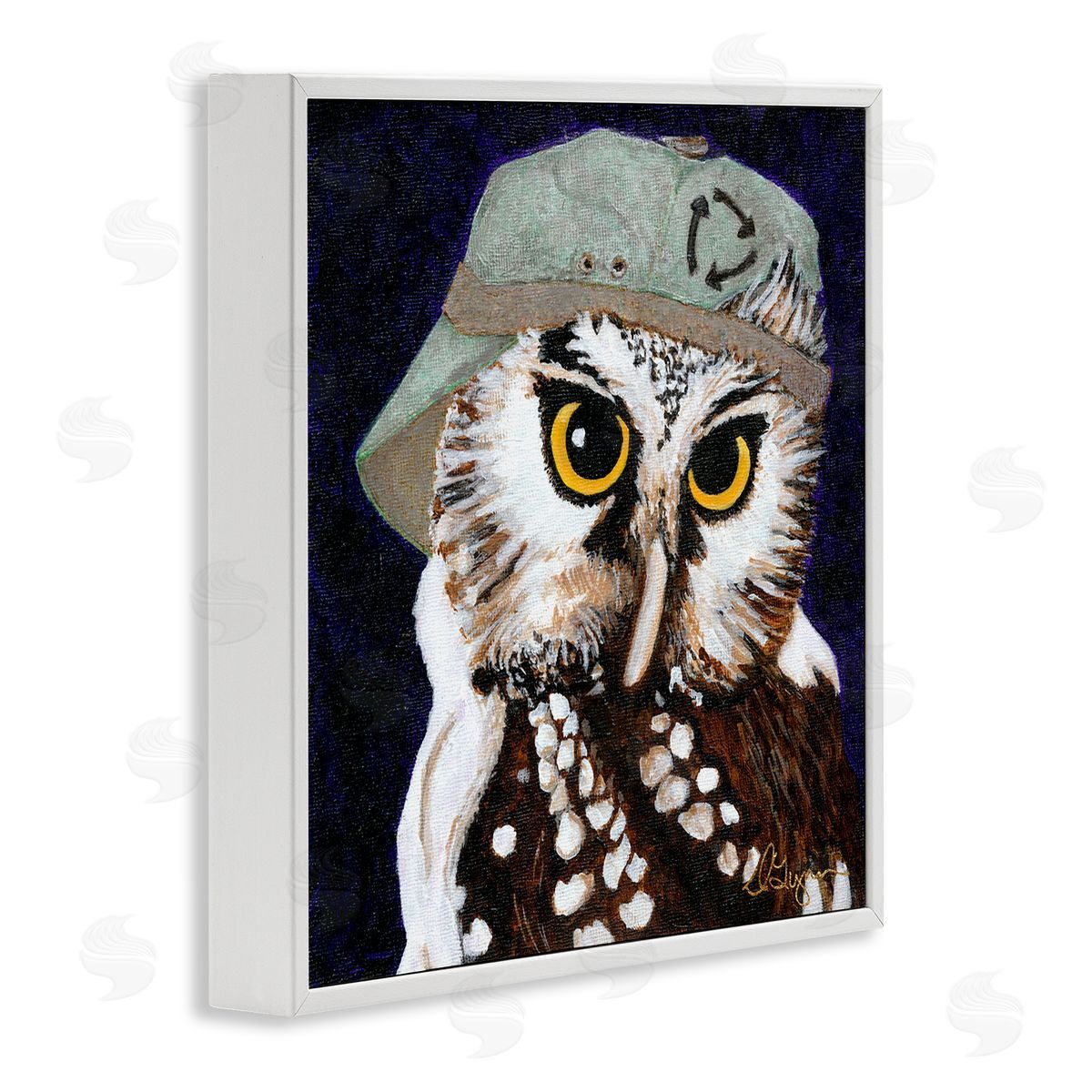Dlynn Roll Owl Wearing Hat White Framed Glicee Wall Art Print