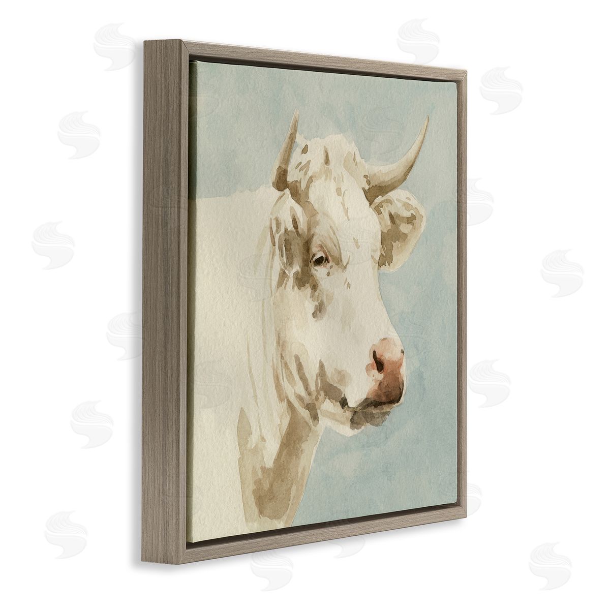 Emma Caroline White Cow Watercolor Brown Floating Frame Canvas Wall Art Print