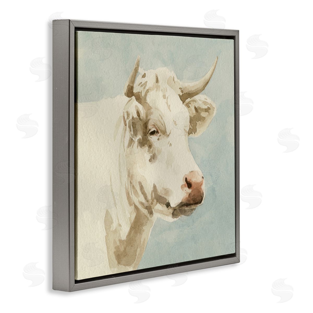 Emma Caroline White Cow Watercolor Gray Floating Frame Canvas Wall Art Print